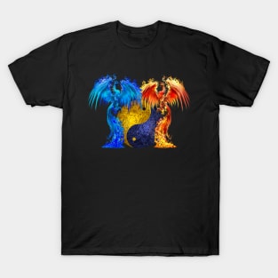 Fantasy Fire And Ice Phoenix Yellow Blue Yin Yang T-Shirt